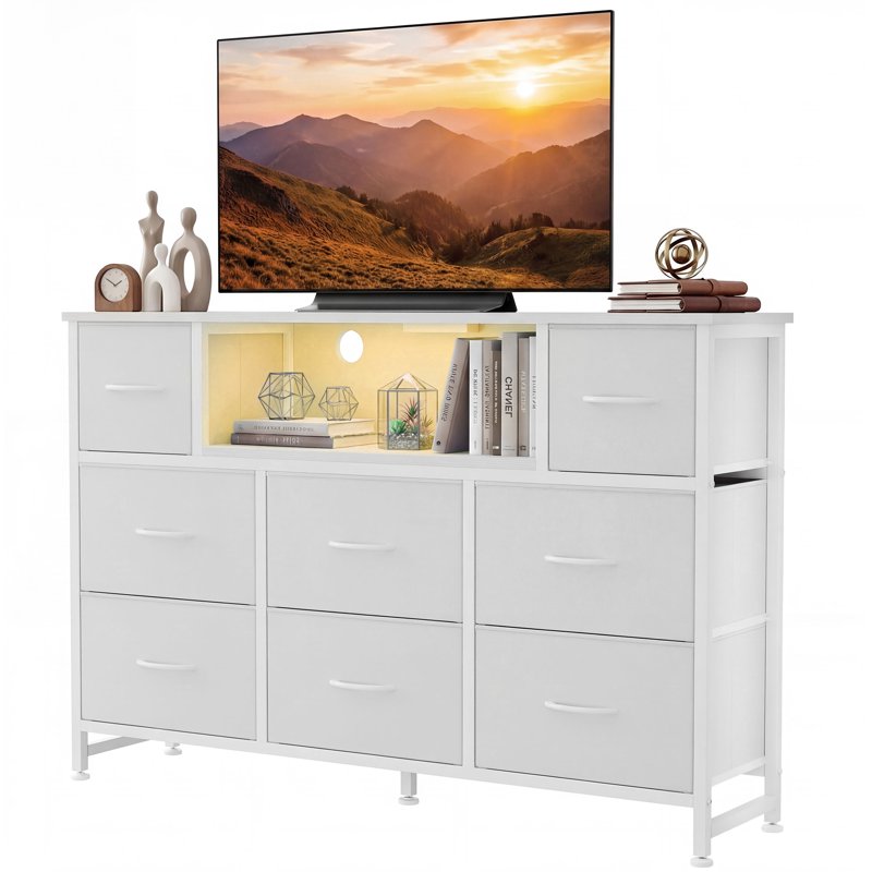 47.2" TV Stand with 8 Fabric Drawers, LED Lights & Power Outlets
