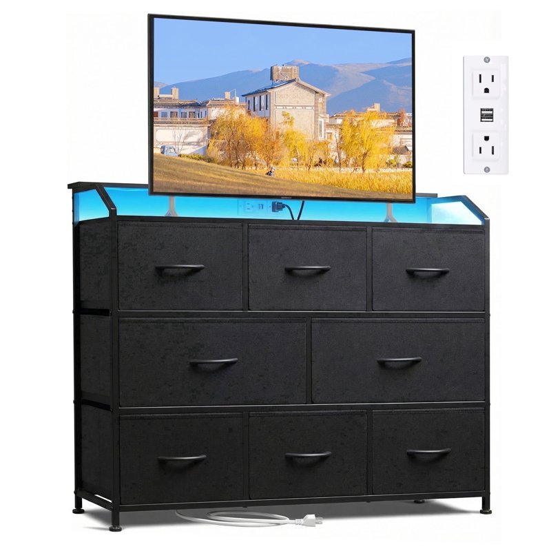Multifunctional 8-Drawer Fabric Dresser with LED Lights & Power Outlets