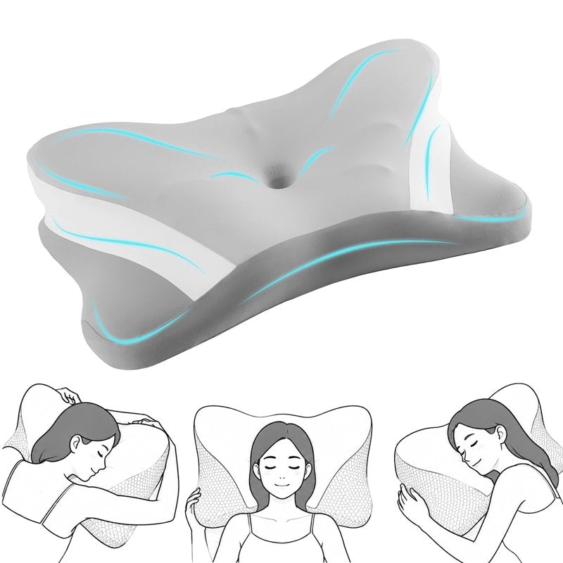 Queen Size Ergonomic Cervical Pillow for Pain Relief – Contour Orthopedic Bed Pillow for Back and Stomach Sleepers, Gray-White