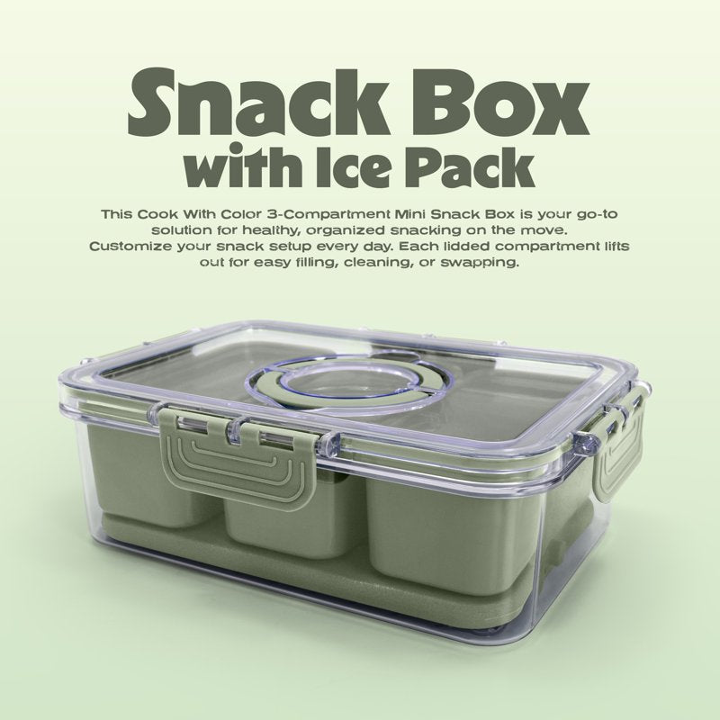 3-Compartment Portable Snack Box with Ice Pack - Sage