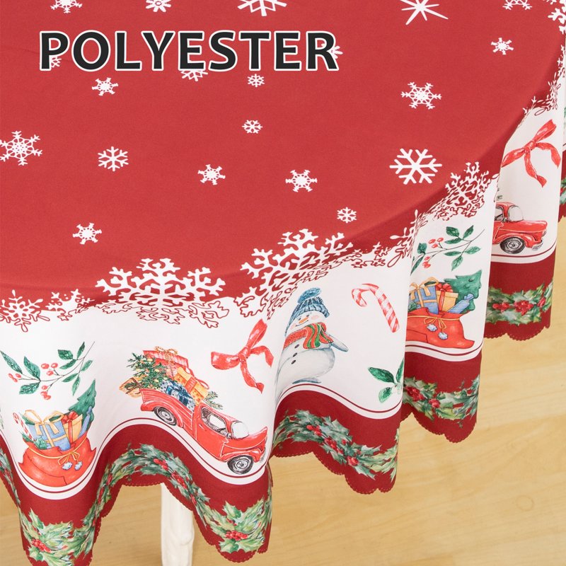 Christmas Tablecloth - 60 Inch Round Red, Machine Washable Polyester