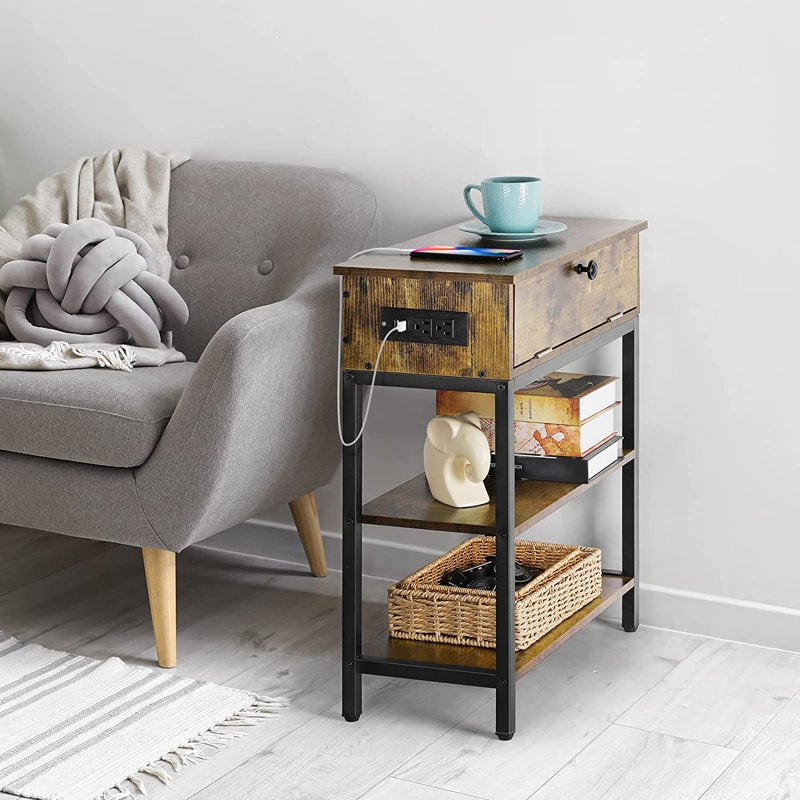 End Table with Charging Station and Drawer - Brown