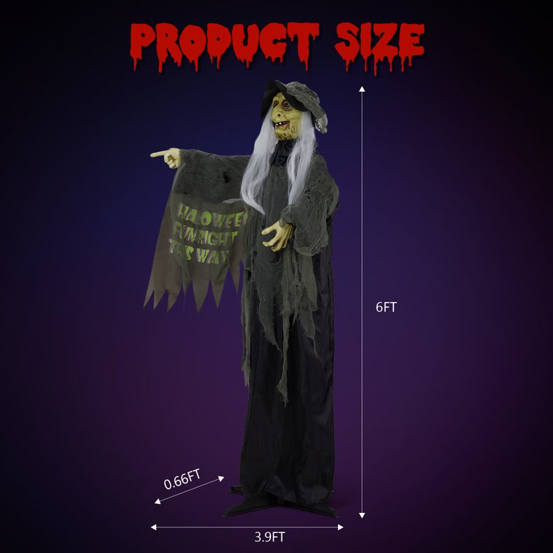 6 Ft Life Size Witch Halloween Decoration - Animated Sound & Motion Activated Outdoor Display