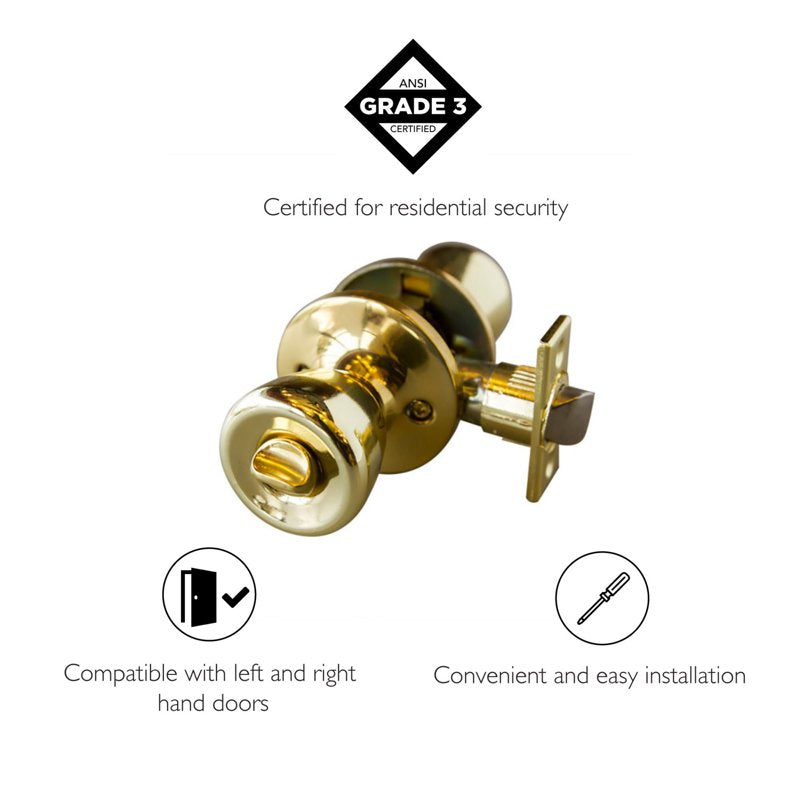 Polished Brass Privacy Door Knob - Bed & Bath 6-Way Universal Fit - Variation 1