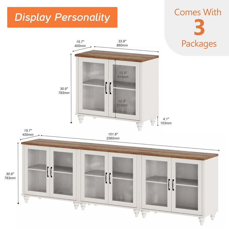 Buffet Cabinet with 6 Glass Doors and Adjustable Shelf - 3 Pack