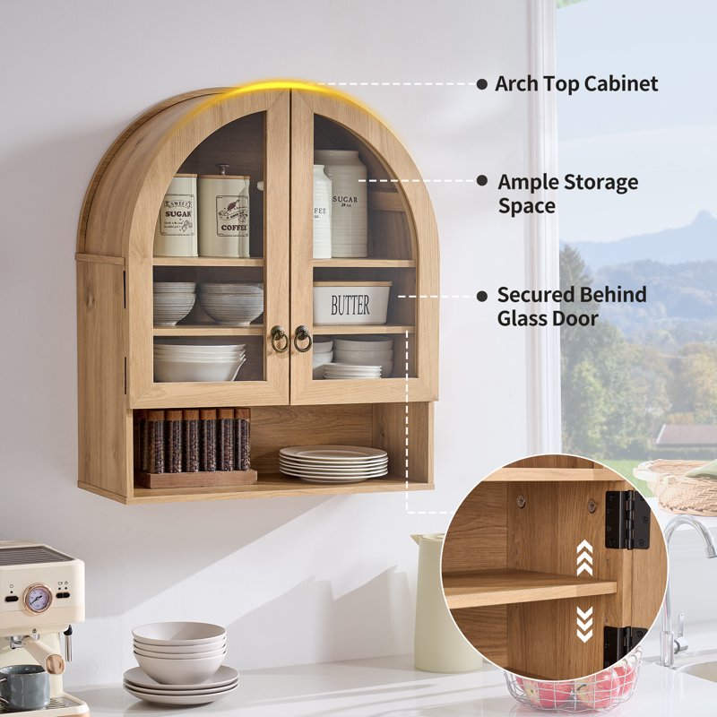 Arched Wall Cabinet with Adjustable Shelves & Glass Doors