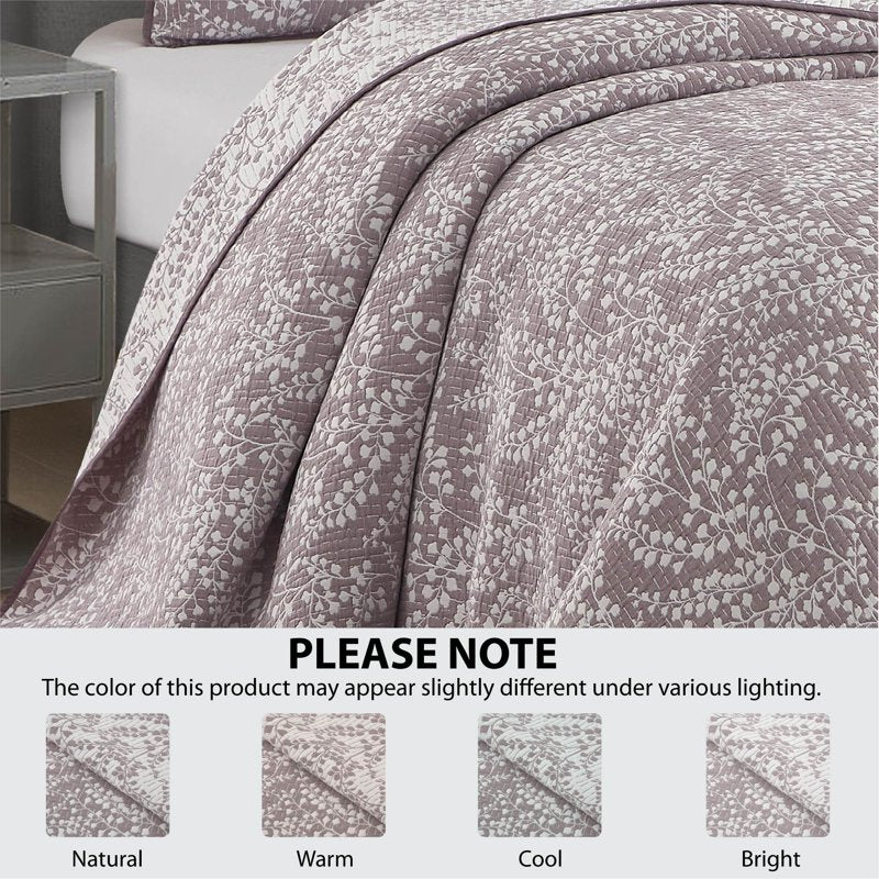 Full/Queen Botanical Floral Stitched Reversible Quilt Light Purple