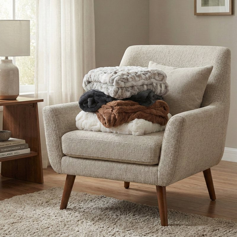 White Faux Fur Throw Blanket 50x60 Inch Rouched Design Luxury Cozy Home Decor