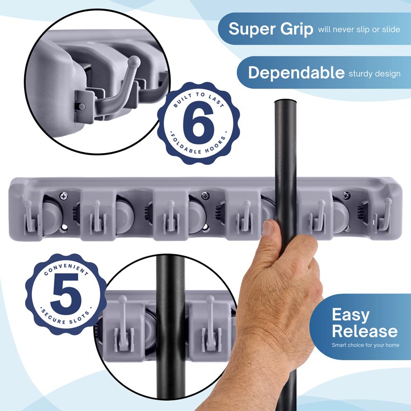 16-Inch Wall-Mounted Broom and Mop Organizer with Hooks - Gray