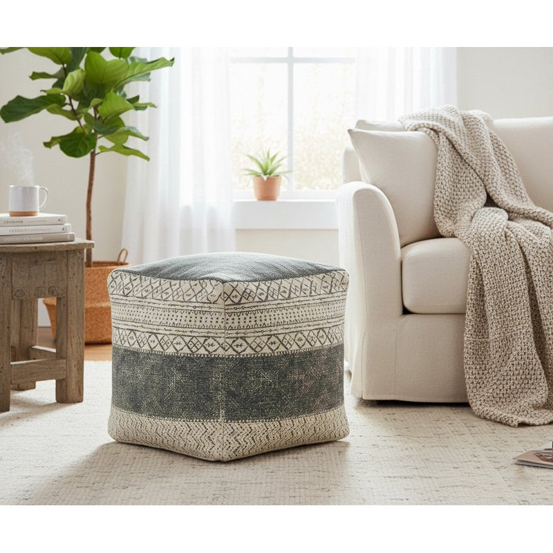 Gray/Beige Medium Tribal Indoor Square Pouf 20x20 Inch - Handcrafted Geometric Footstool