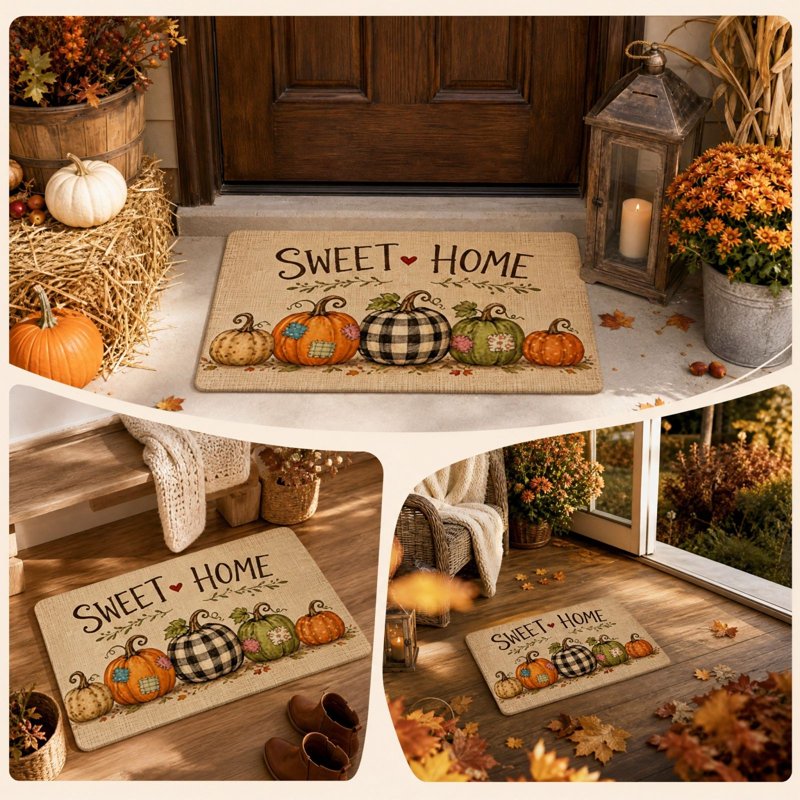 Thanksgiving Non-Slip Pumpkin Doormat with Patchwork Pumpkins - Seasonal Front Door Mat - C-c Variation