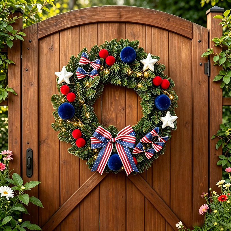 Patriotic 4th of July Wreath for Front Door - Red White Blue Flower Decor - Variation Z0C