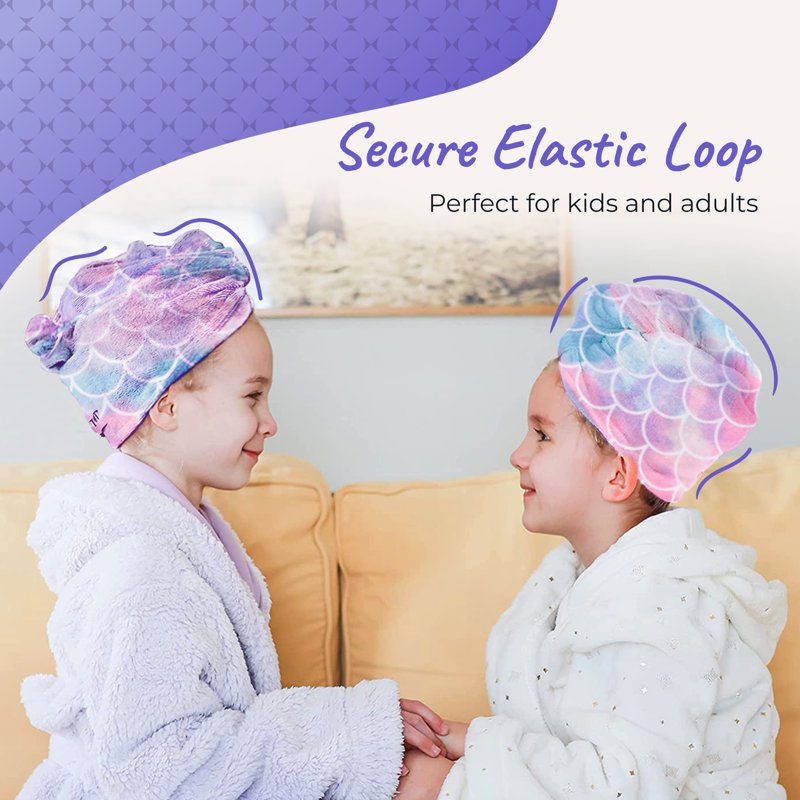 Mermaid Two Pack Microfiber Hair Towel Wrap for Women Men Kids - Quick Dry Turban