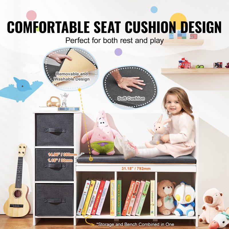 Children's Storage Bench with 6 Cubbies & 3 Drawers