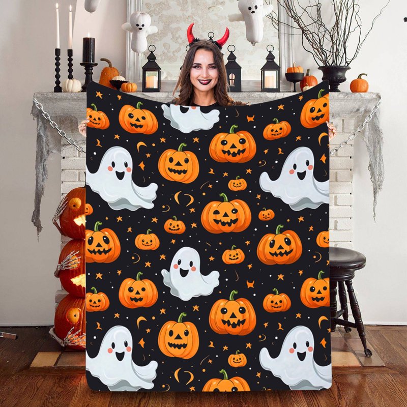 Halloween Flannel Throw Blanket - Ghost Pattern, 70x100cm, Black, Cozy Lightweight Decor