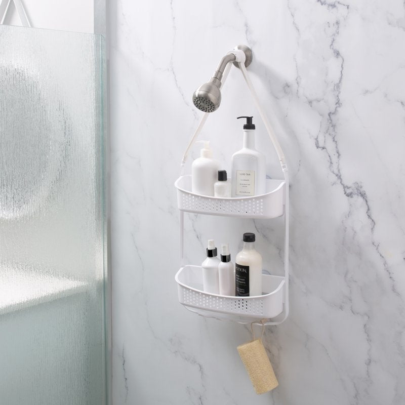 White 2-Way Convertible Shower Caddy - Overhead or Tension Rod Mount, Wide Shelves