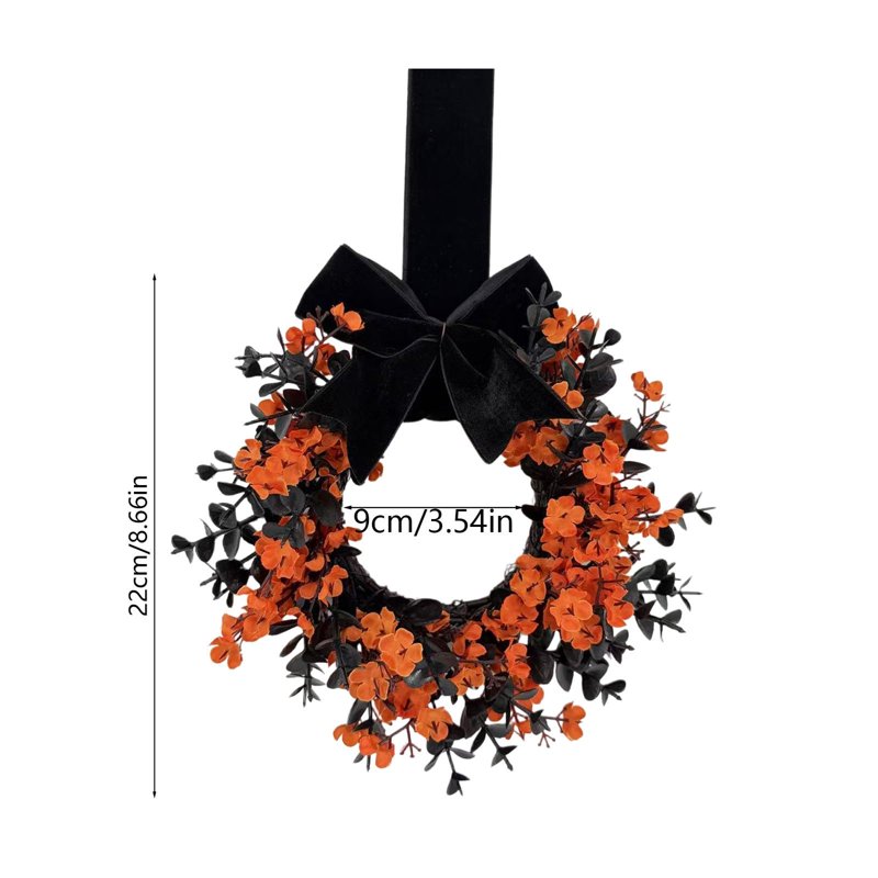 Mini Halloween Wreath - Orange Gothic Decor, 8.6 Inch Artificial Grapevine with Velvet Bow