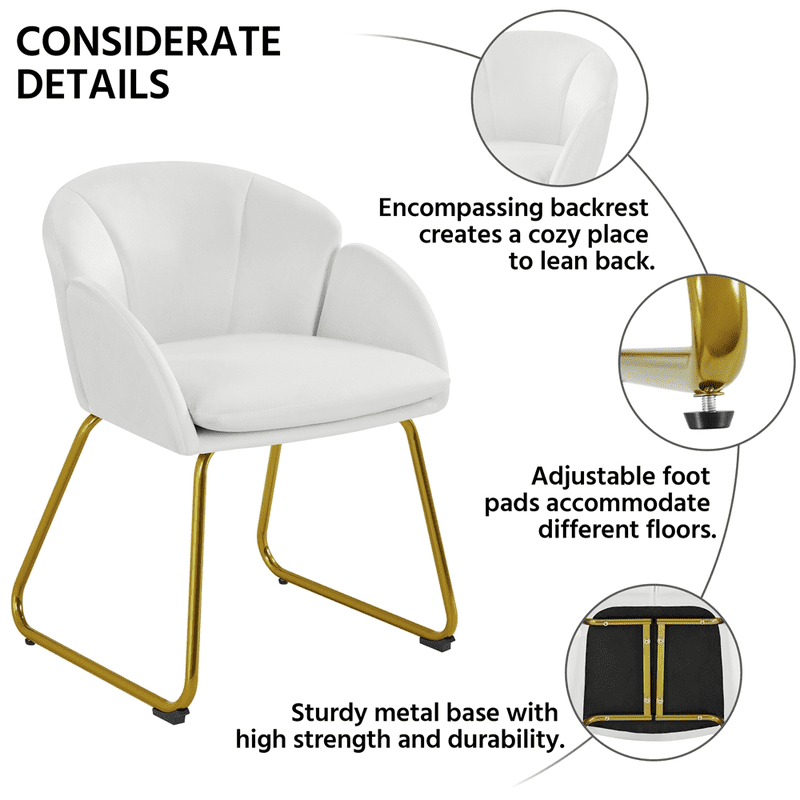 Flower Shape Velvet Accent Chair with Gold Metal Legs - White