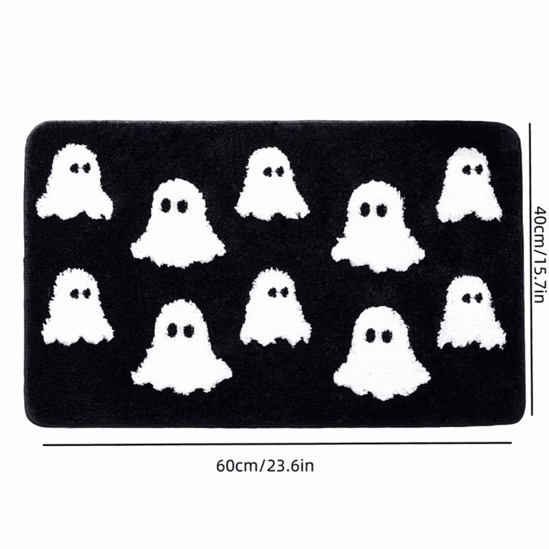 Halloween Ghost Bath Mat 23.6x15.7in Faux Fur Rug with Secure Grip Black Ghost