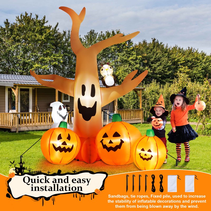 8FT Halloween Inflatable Dead Tree with LED Lights, Yard Decorations with Pumpkins Ghost & Owl