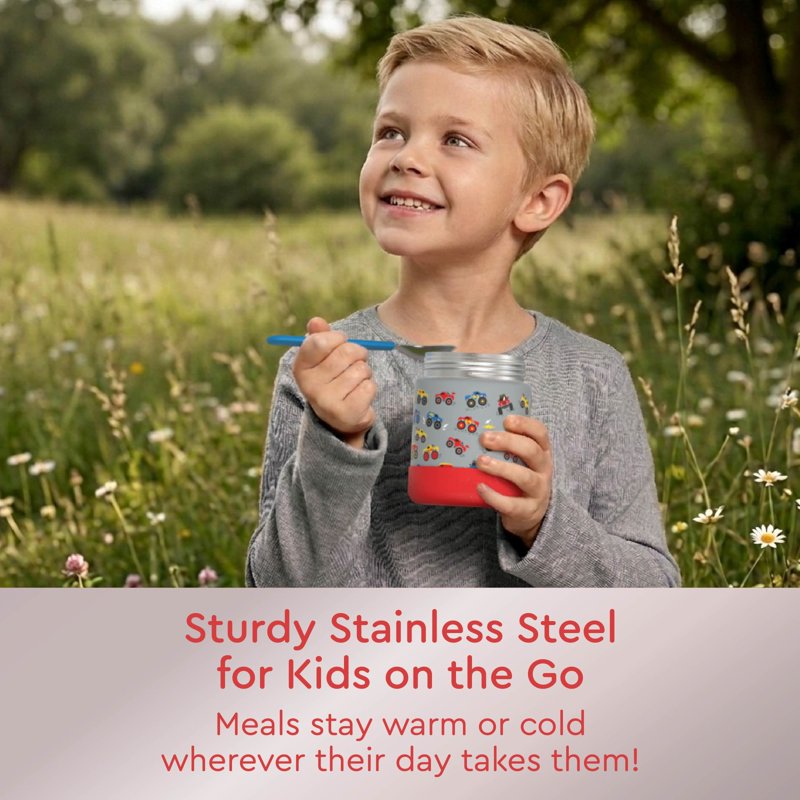 Stainless Steel Food Jar for Kids - 11 oz Leak-Proof Container, Trucks