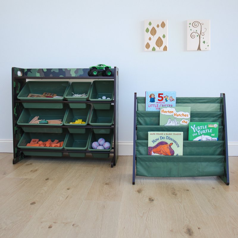 Kids Bookcase with 4 Tiers and Fabric Storage Pockets - Army Green Camo
