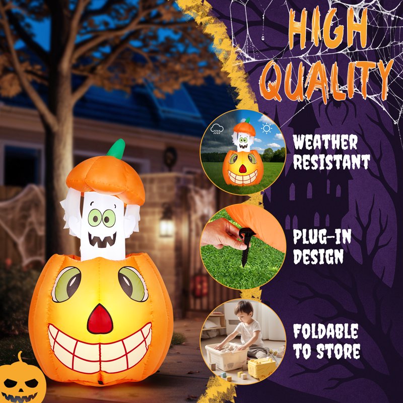2.8ft Inflatable Halloween Pumpkin Ghost with LED Lights - Outdoor Yard Decor