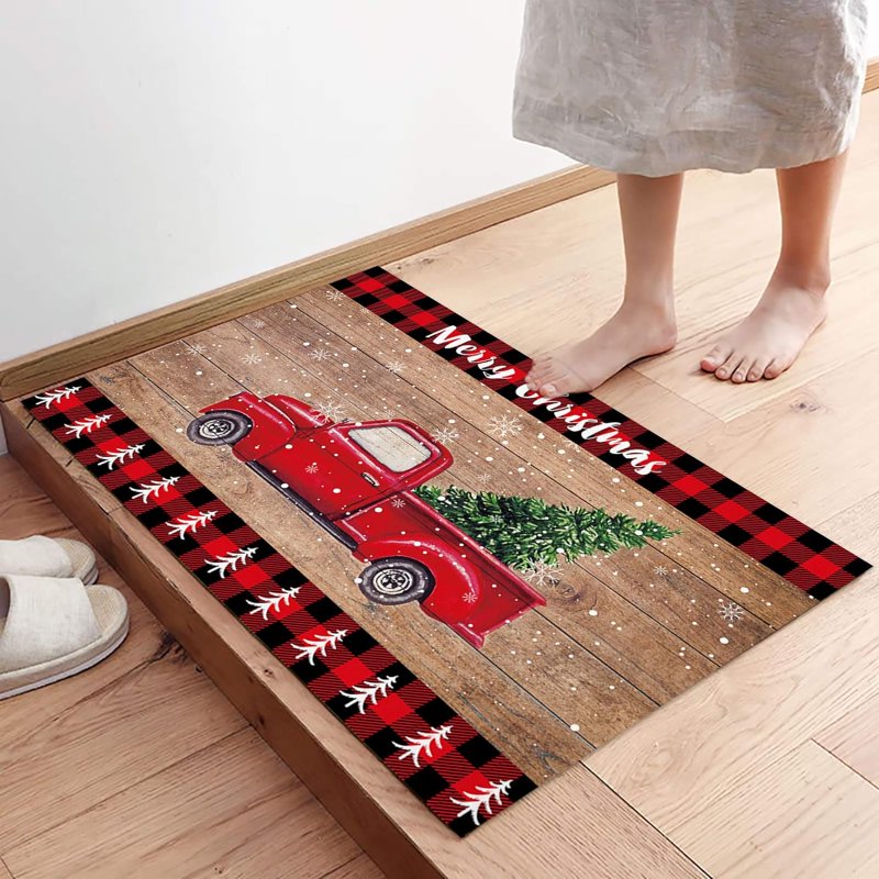Christmas Brown Red Truck Welcome Door Mat - 30x18 Inch Non-Slip Holiday Rug