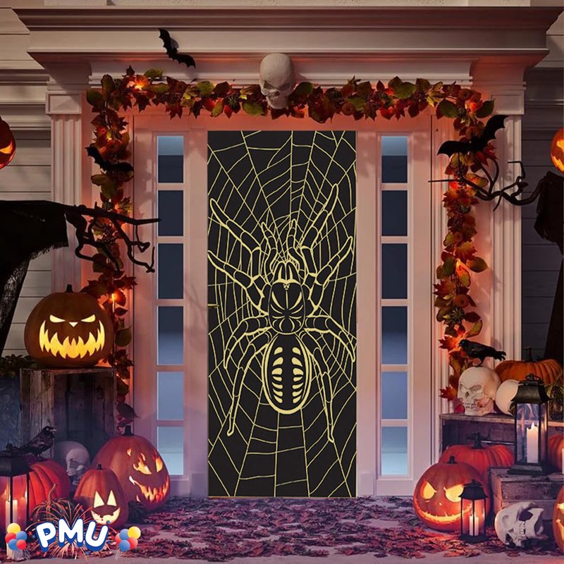 PMU Spider Glow In The Dark Halloween Door Cover - 30x60 Inches, Halloween Decor, Pack of 1