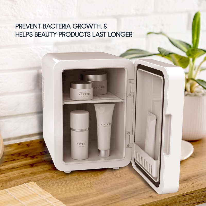 Mini Cooler with Mirror & LED Light - 4L Compact Fridge - White