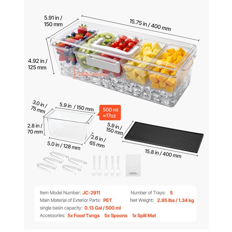 Chilled Condiment Server Caddy - 5 Compartments with Lid