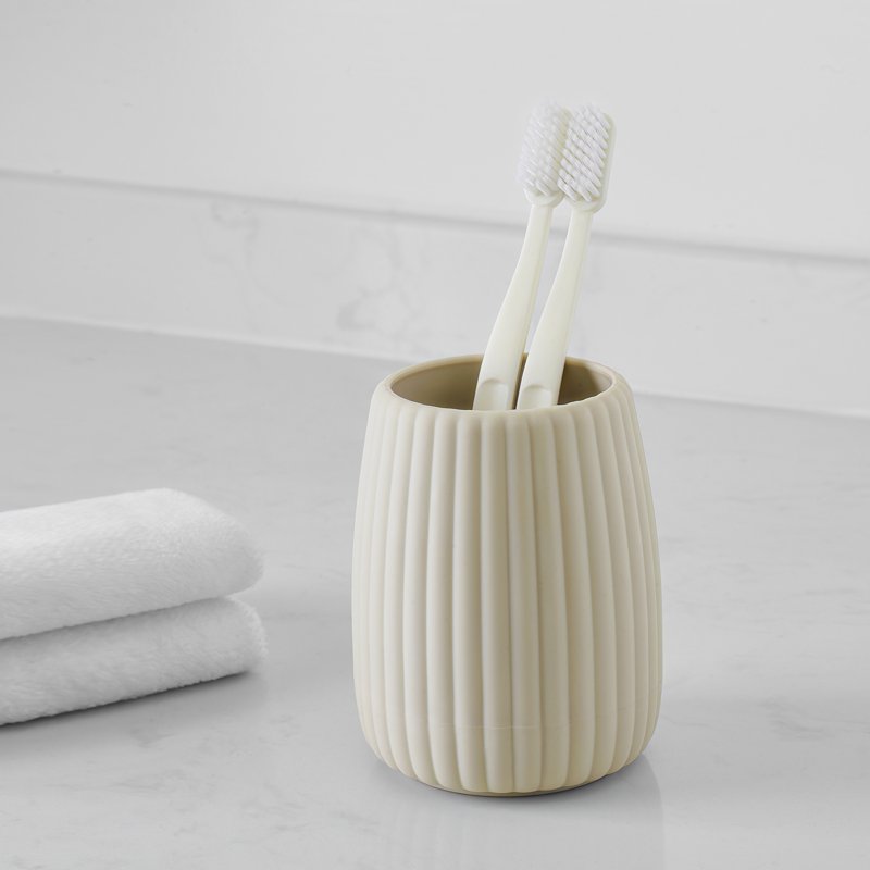 Rubberized Plastic Toothbrush Holder - Modern Ribbed Design, Beige