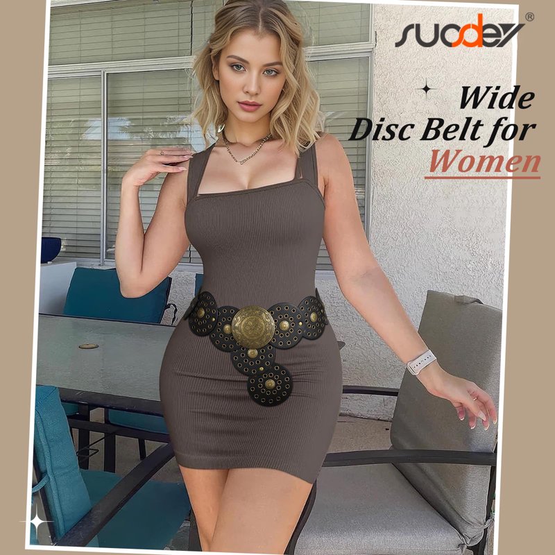 Women's Wide Western Leather Boho Concho Belt for Dress Jeans - Black, Up to 37"