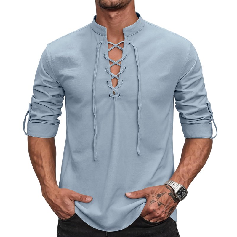 Men's Renaissance Pirate Viking Costume Shirt Light Blue L - Long Sleeve Gothic Steampunk