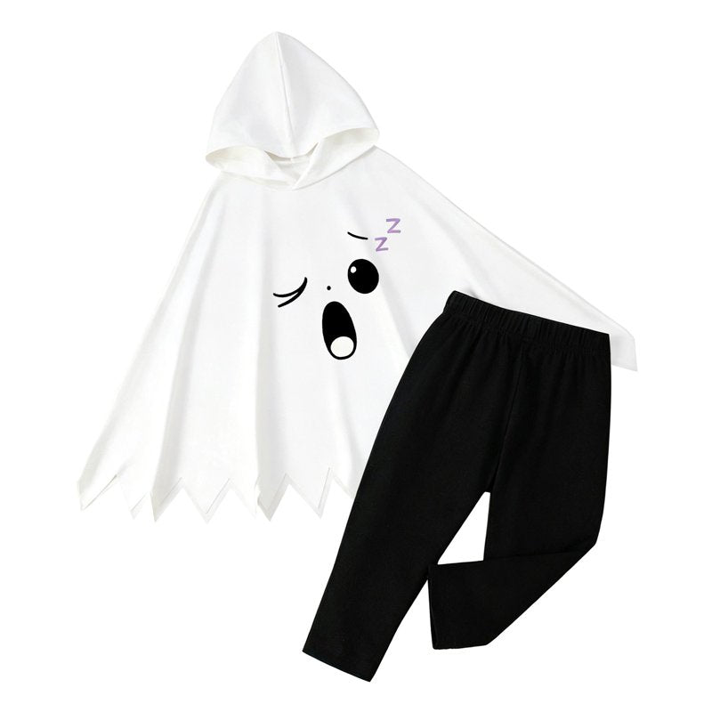 Kids Ghost Face Halloween Costume Set with Hooded Cape & Pants - White, 4-5 Years
