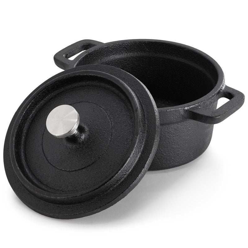 Mini Cast Iron Dutch Oven with Wood Tray - 8 Ounce - Black