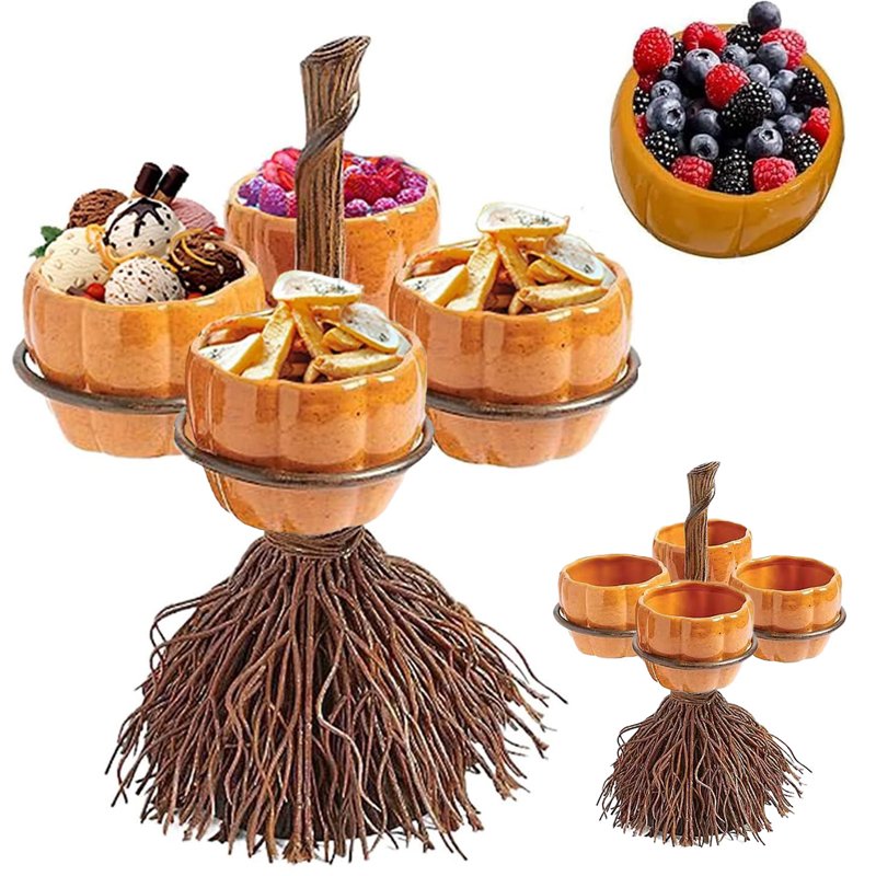 Halloween Candy Bowl Stand with Pumpkin Bowls & Broomstick Base - Variation #003