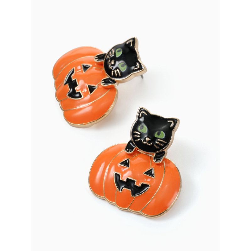Halloween Jack-O-Lantern Cat Earrings - Pumkin Cat Variation, Lightweight Dangle Jewelry