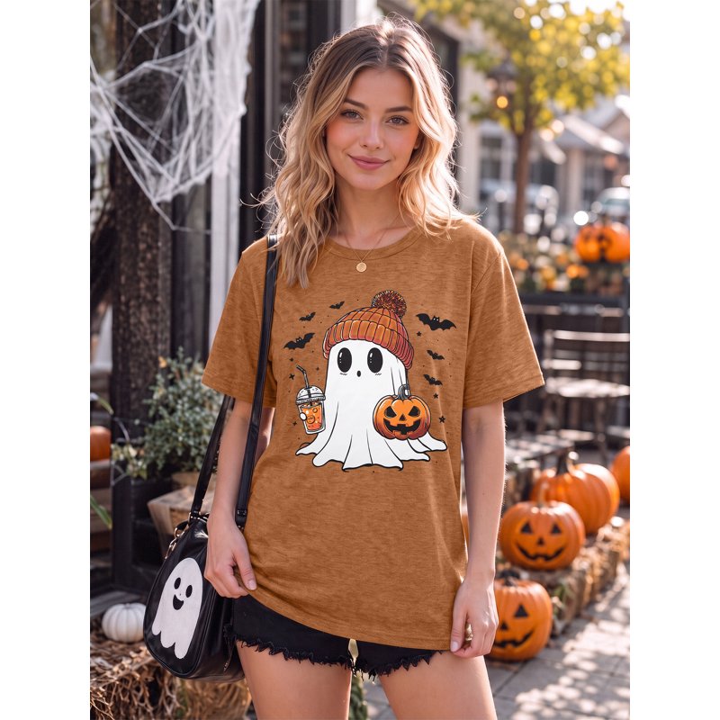 Brown Halloween Ghost Book Lover Graphic T-Shirt for Women - Size L