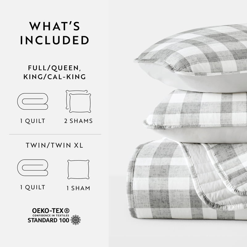King Watercolor Plaid Reversible Quilt Set - Gray & Soft Microfiber