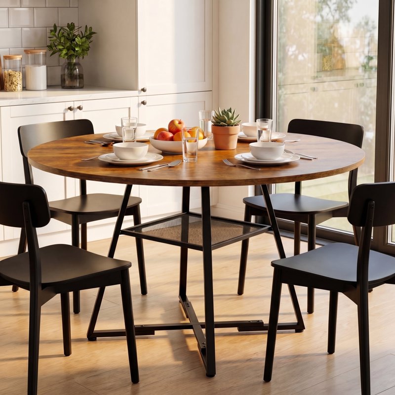 47 Inch Round Dining Table for 4-6 - Farmhouse Style, Rust