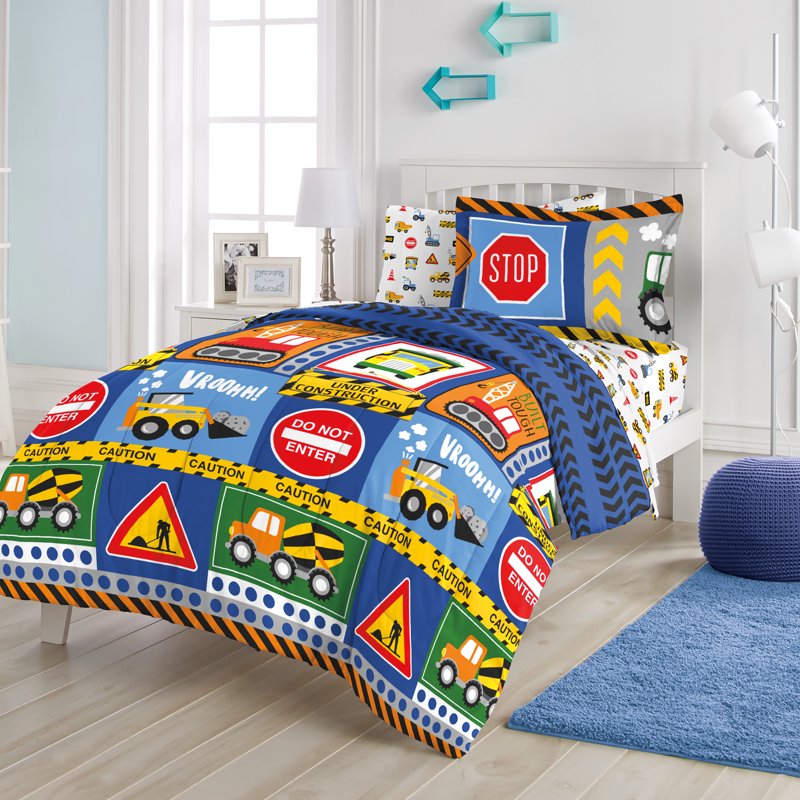 Full Child Under Construction Comforter Set with Truck Design - Microfiber, Blue & Multi
