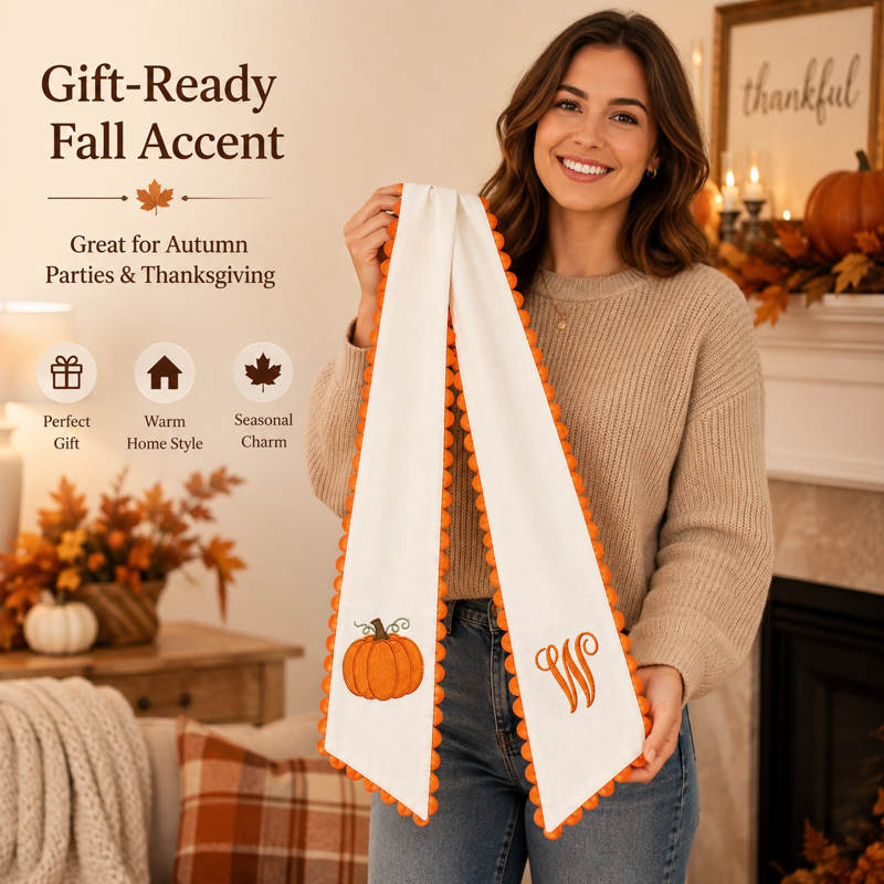 Pumpkin Embroidered Wreath Sash - Fall Orange Scalloped Ribbon for Halloween & Thanksgiving - Variation W