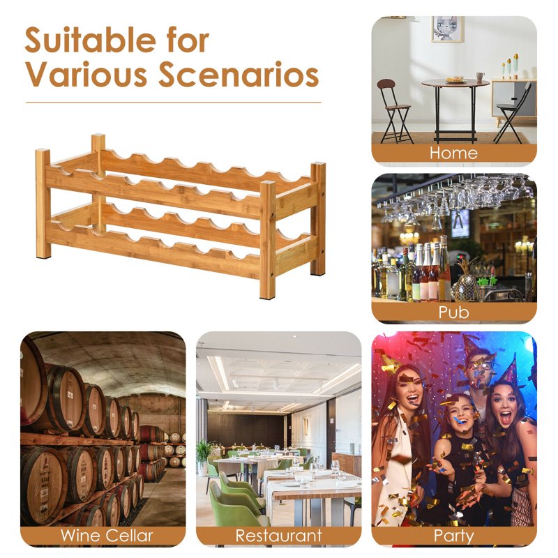 2-Tier Bamboo Wine Rack for 12 Bottles - Natural Wood Storage