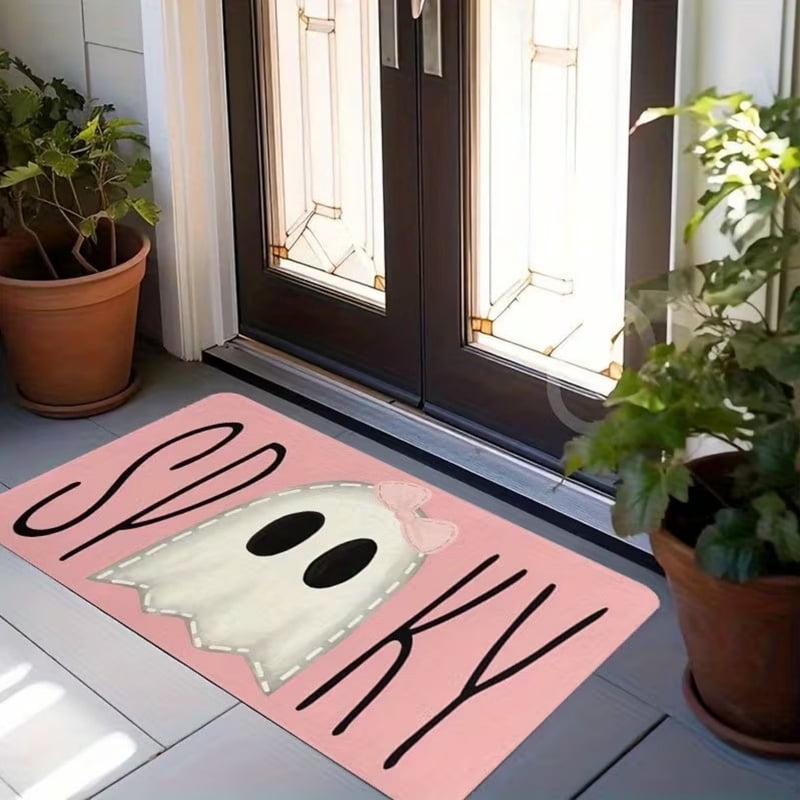 Pink Ghost Halloween Doormat - Cute Rubber Backing Indoor Outdoor Entryway - Variation O