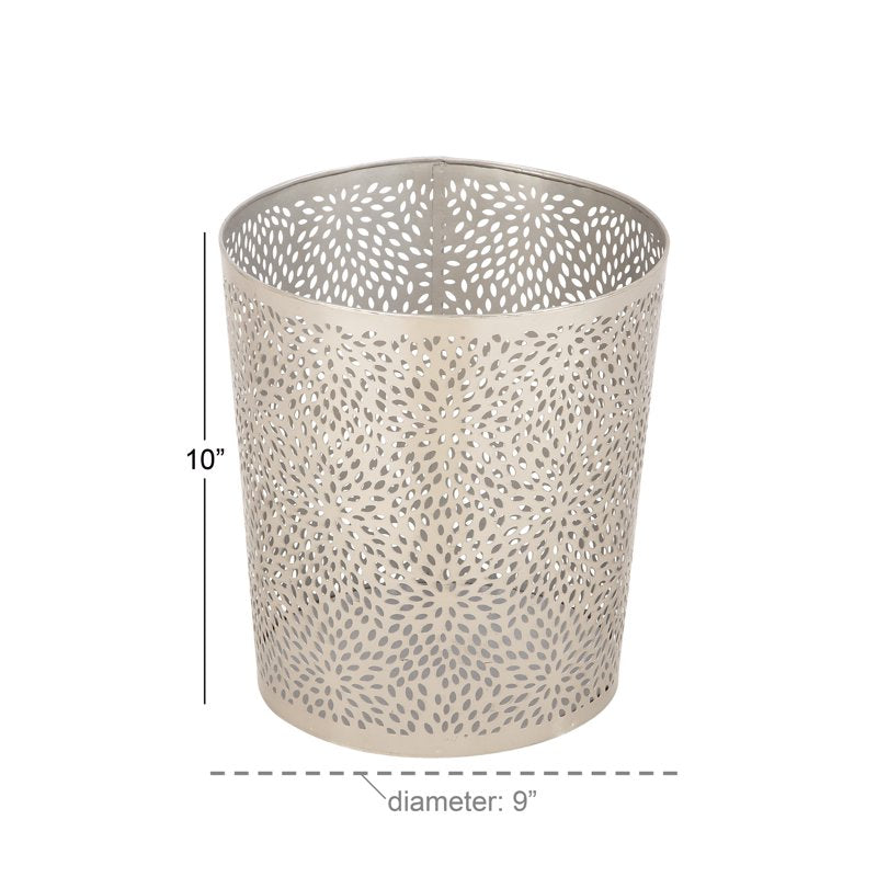 Silver Metal Floral Waste Bin - Laser Carved Design, 9" x 10" - Abstract Floral