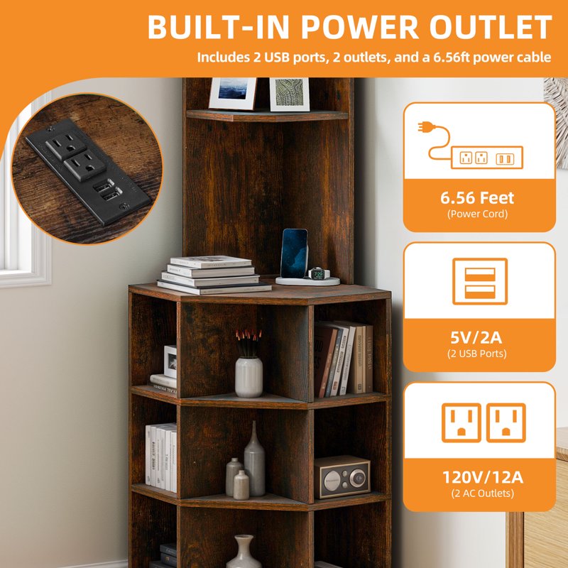 5-Tier Corner Shelf with USB Ports - Multi-Functional Bookcase