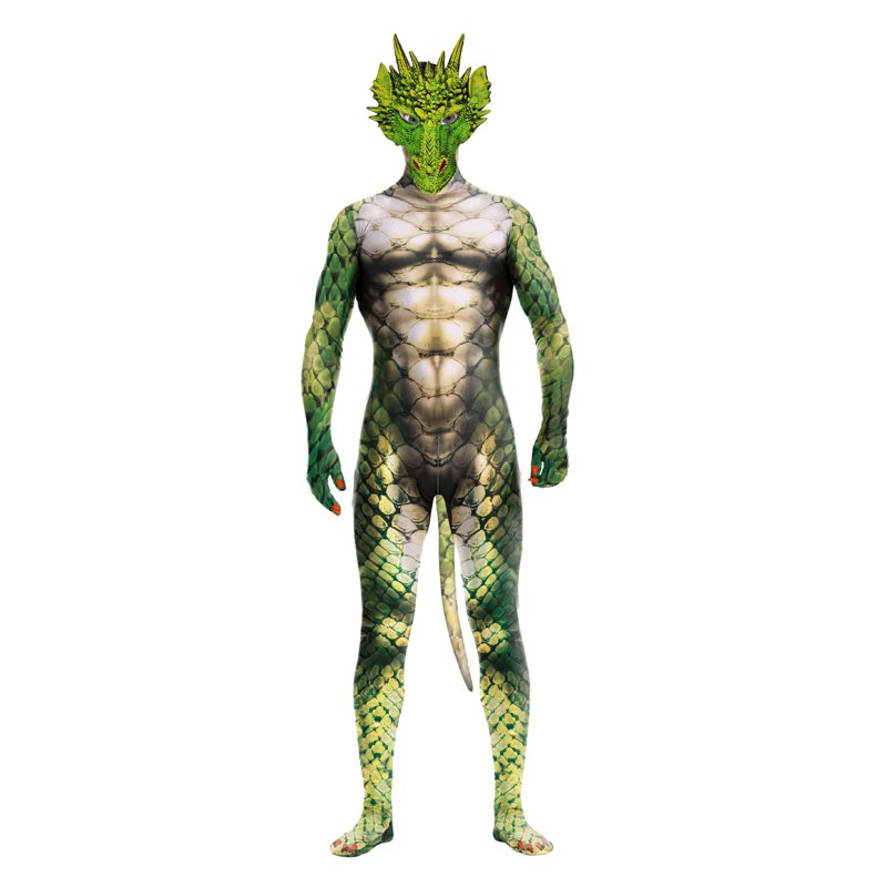 Men's Green Full Body Dragon Costume Bodysuit with Wings, Mask & Tail - Halloween Cosplay
