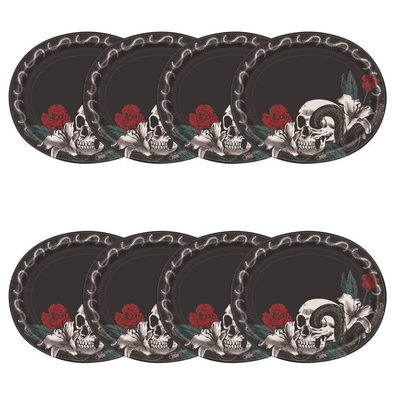Halloween Skull and Roses Oval Disposable Paper Plates - 12 Inch, 8 Pack