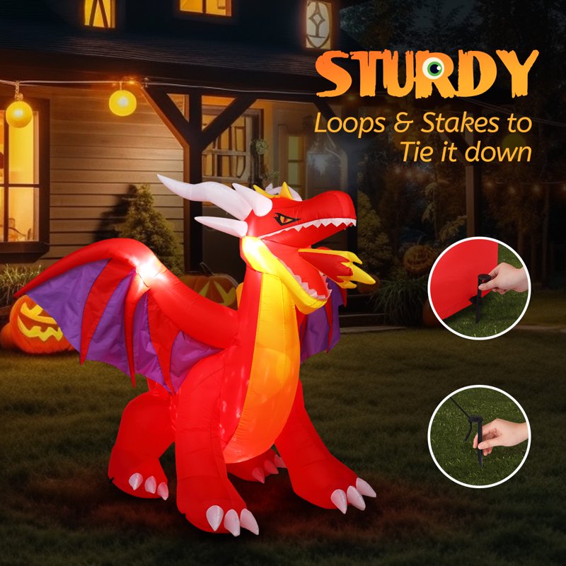 6FT Halloween Fire Dragon Inflatable Decoration with Built-in LED Lights Outdoor